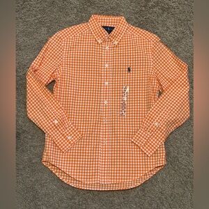 Orange and white checkered button down shirt